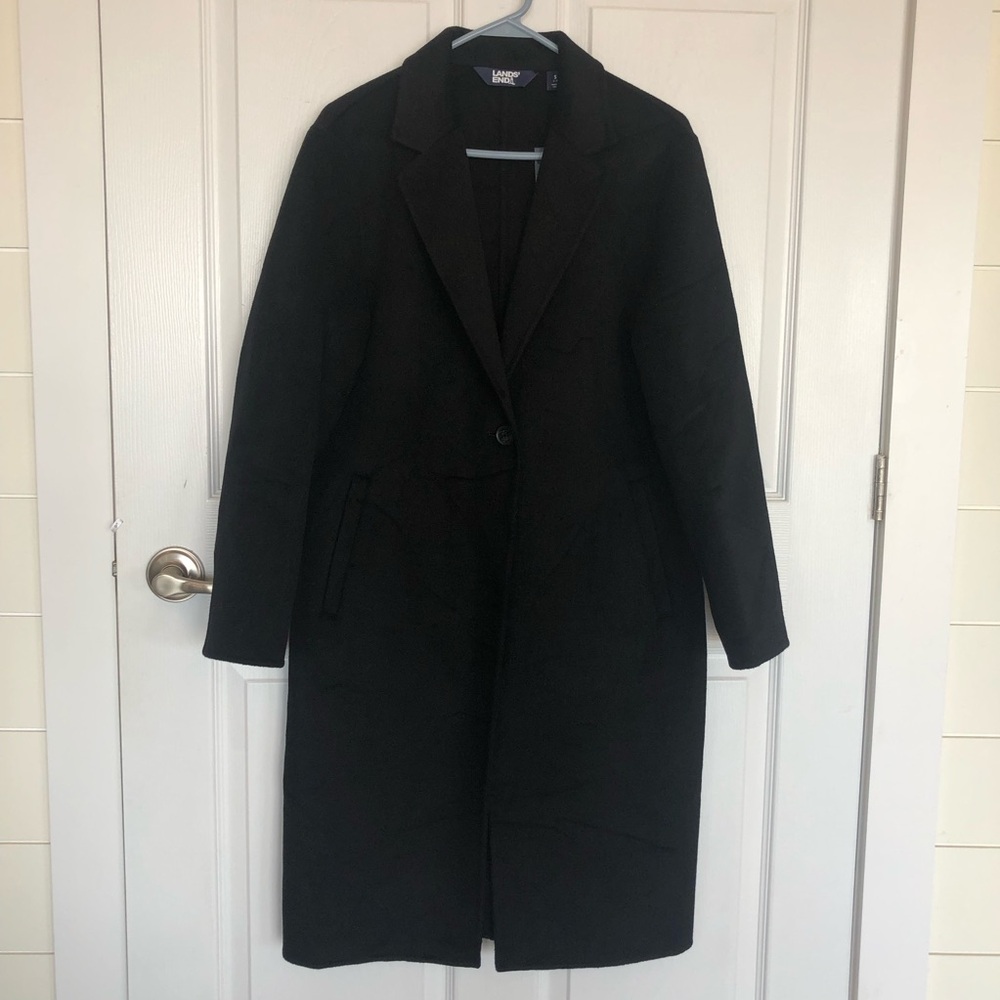 Lands' End Wool blend dress coat lapels single button pockets back slit vent S